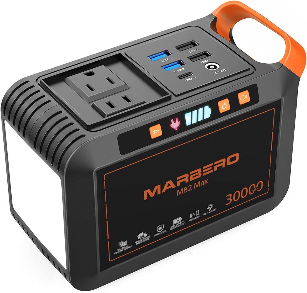 MARBERO Portable Power Station 111Wh Camping 30000mAh Portable Power Bank with AC Outlet, USB QC3.0, LED Flashlights for CPAP Home Office Camping Emergency Backup