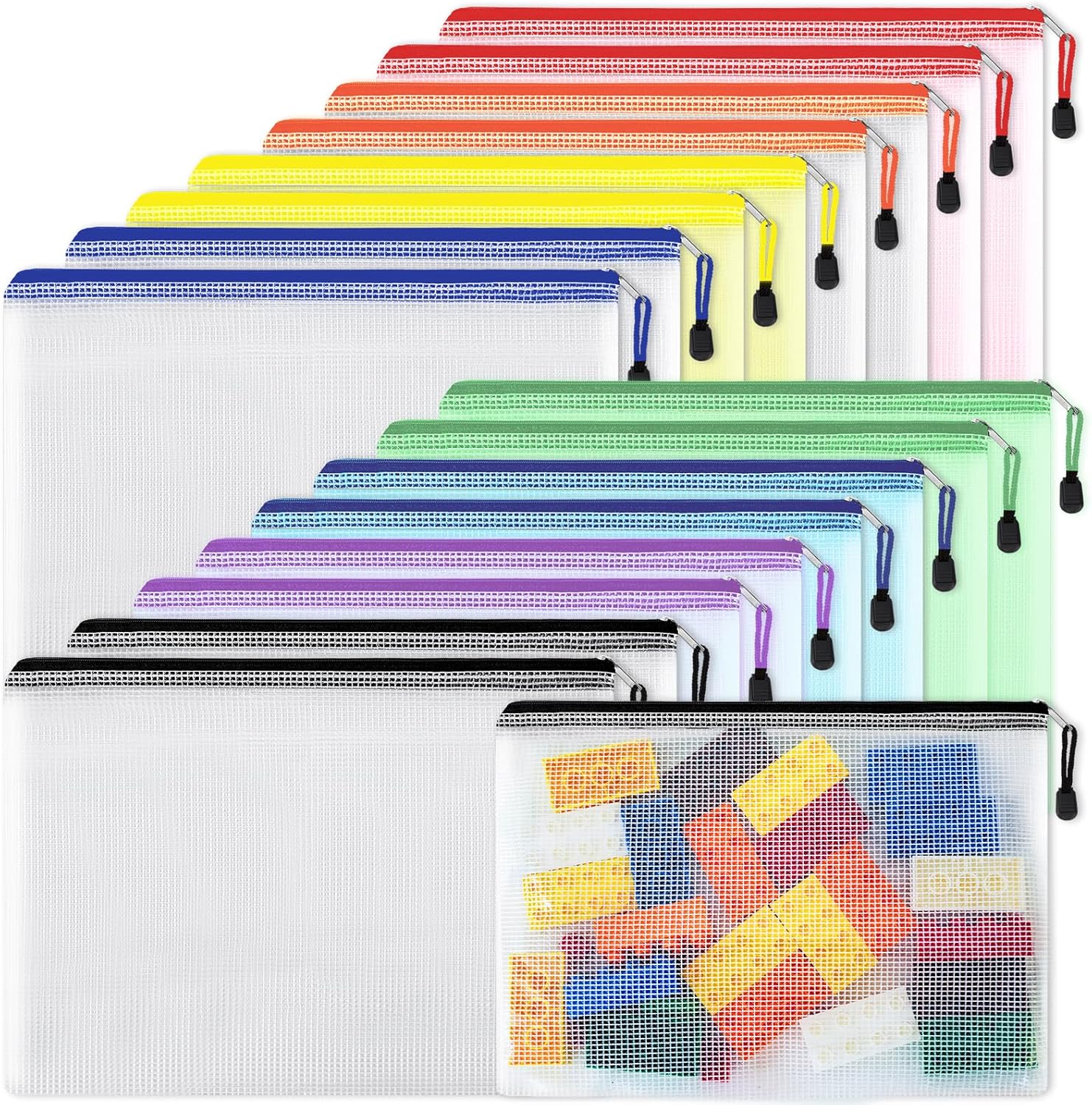 EOOUT 16pcs Mesh Zipper Pouch, Puzzles, Board Game Storage Bags for Organizing, Waterproof Zip File Bags, Letter Size, A4 Size, for School Office Supplies, Storage Bags, 8 Colors