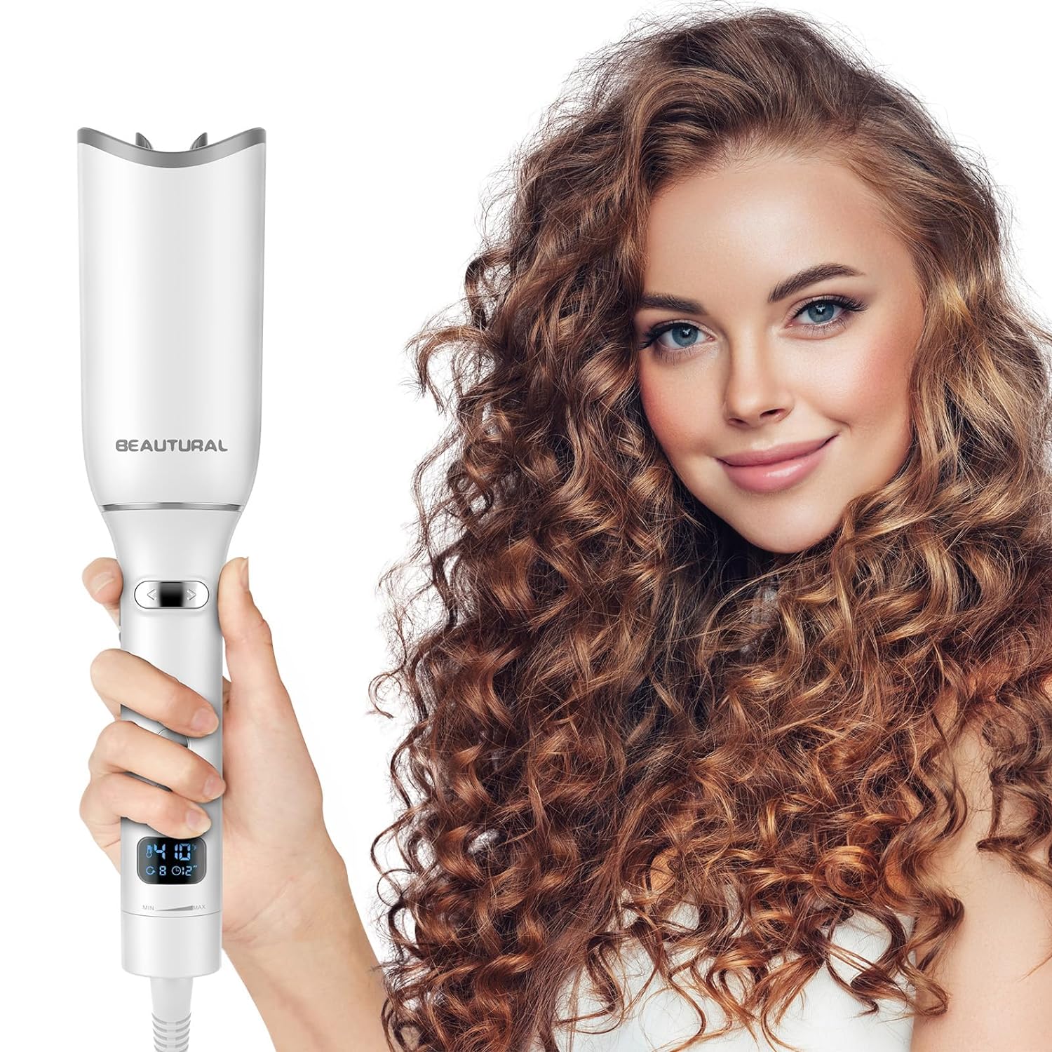 Auto Curling Iron with 1" Large Rotating Barrel, LCD Display, Automatic Curling Wand with 5 Temps & 10 Timers, Dual Voltage for International Travel