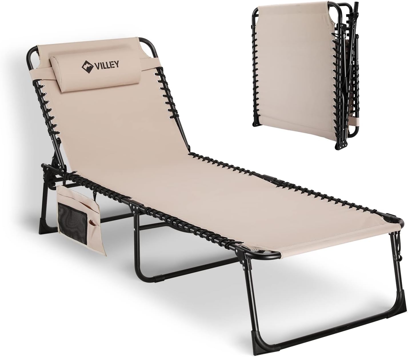 VILLEY Oversize Chaise Lounge Outdoor, Heavy-Duty Folding Lounge Chair for Outside, Portable Trifold Beach Lounger with 5 Adjustable Positions for Outdoor, Patio, Beach, Lawn, Backyard, Camping -Beige