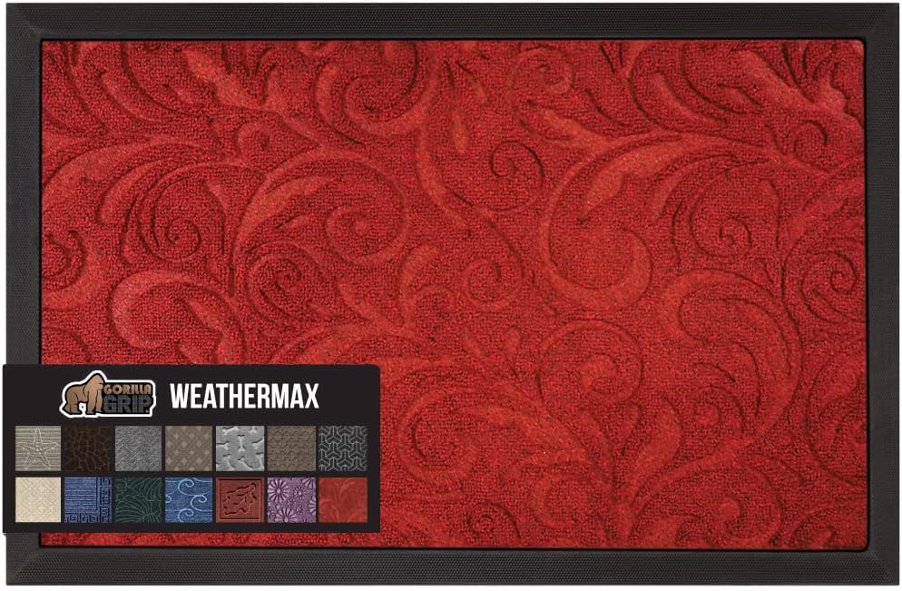 Gorilla Grip 100% Waterproof All-Season WeatherMax Doormat, Durable Natural Rubber, Stain and Fade Resistant, Low Profile, Indoor Outdoor Doormats, Easy Clean Patio Entry Mat, 17x29, Red Vintage Wine