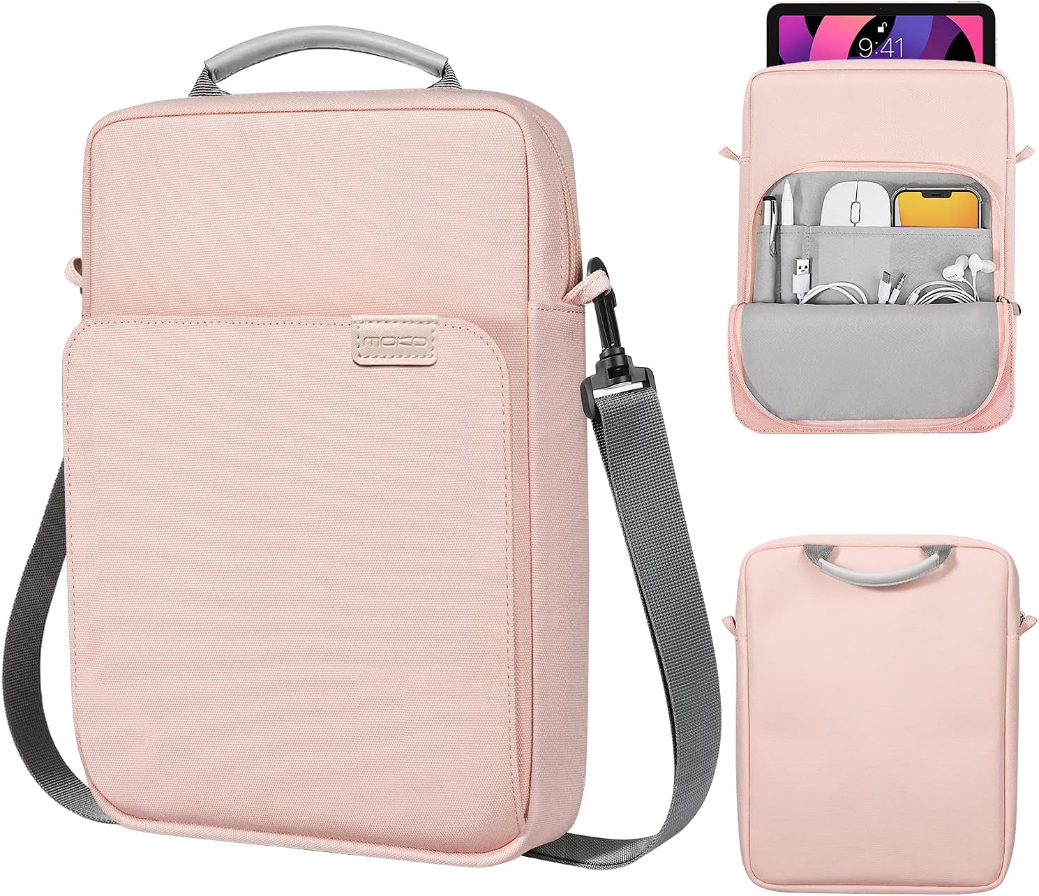 MoKo 9-11 Inch Tablet Sleeve Bag Handle Carrying Case with Shoulder Strap Fits New 11-inch iPad Pro M4/iPad Air M2, iPad 10th 10.9, iPad 9/8/7th 10.2, iPad Air 5/4th 10.9, Tab S8/S9 11, Pink