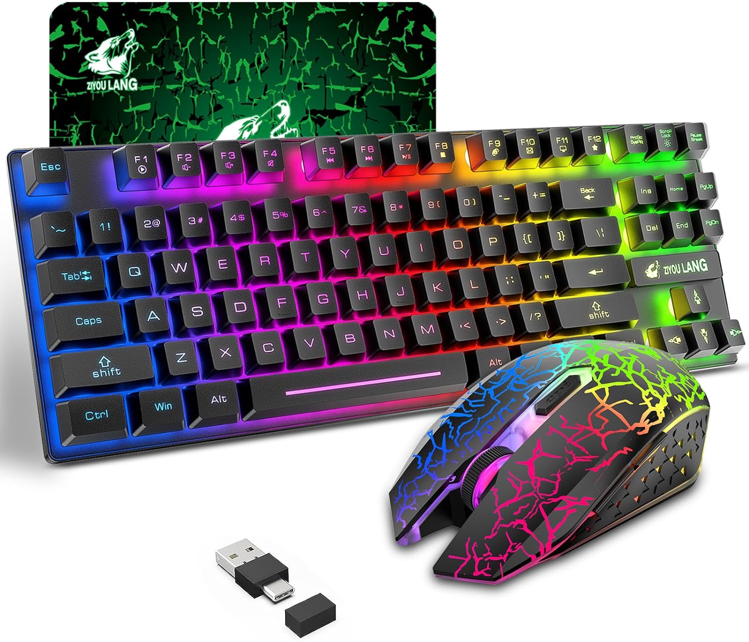 Wireless Gaming Keyboard and Mouse Combo with 87 Key Rainbow LED Backlight Rechargeable 3800mAh Battery Mechanical Feel Anti-ghosting Ergonomic Waterproof RGB Mute Mice for Computer PC Gamer (Black)