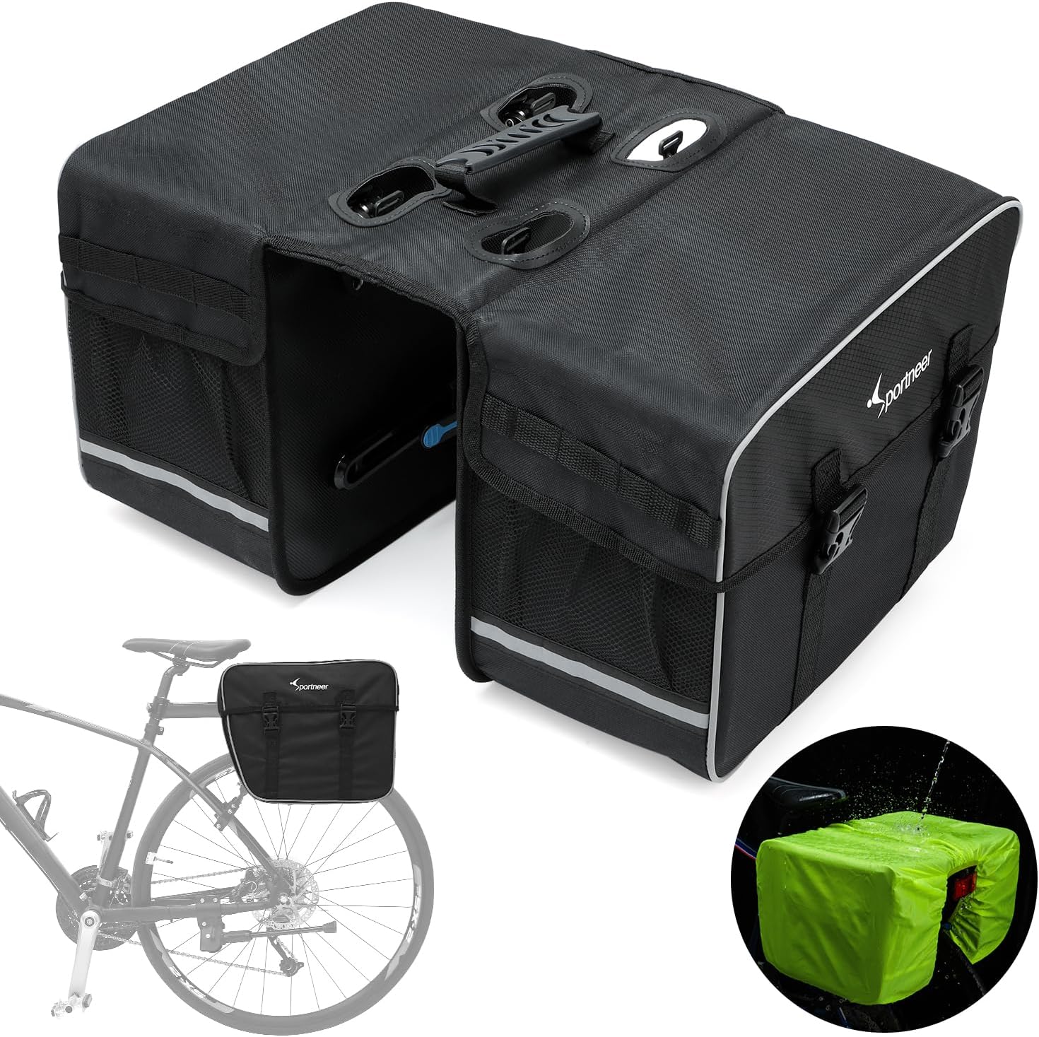 Sportneer Bike Bag - 29L Waterproof Bike Panniers Grocery Bag with Adjustable Hooks %26 Large Pockets - Bike Rack Bag with Reflective Trim %26 Rain Cover for Width Less Than 5.5'' Bike Rack