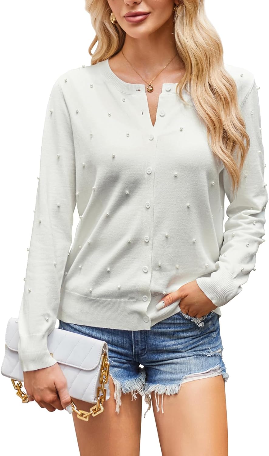 GRACE KARIN Knit Cardigans for Women Pearl Long Sleeve Tops Button Down Crew Neck Cardigan Sweater