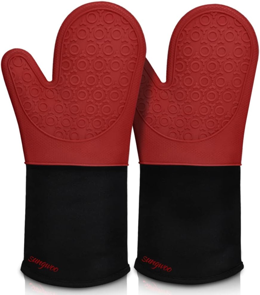 sungwoo Extra Long Silicone Oven Mitts, Durable Heat Resistant Oven Gloves with Quilted Liner Non-Slip Textured Grip Perfect for BBQ, Baking, Cooking and Grilling - 1 Pair 14.6 Inch Red & Black