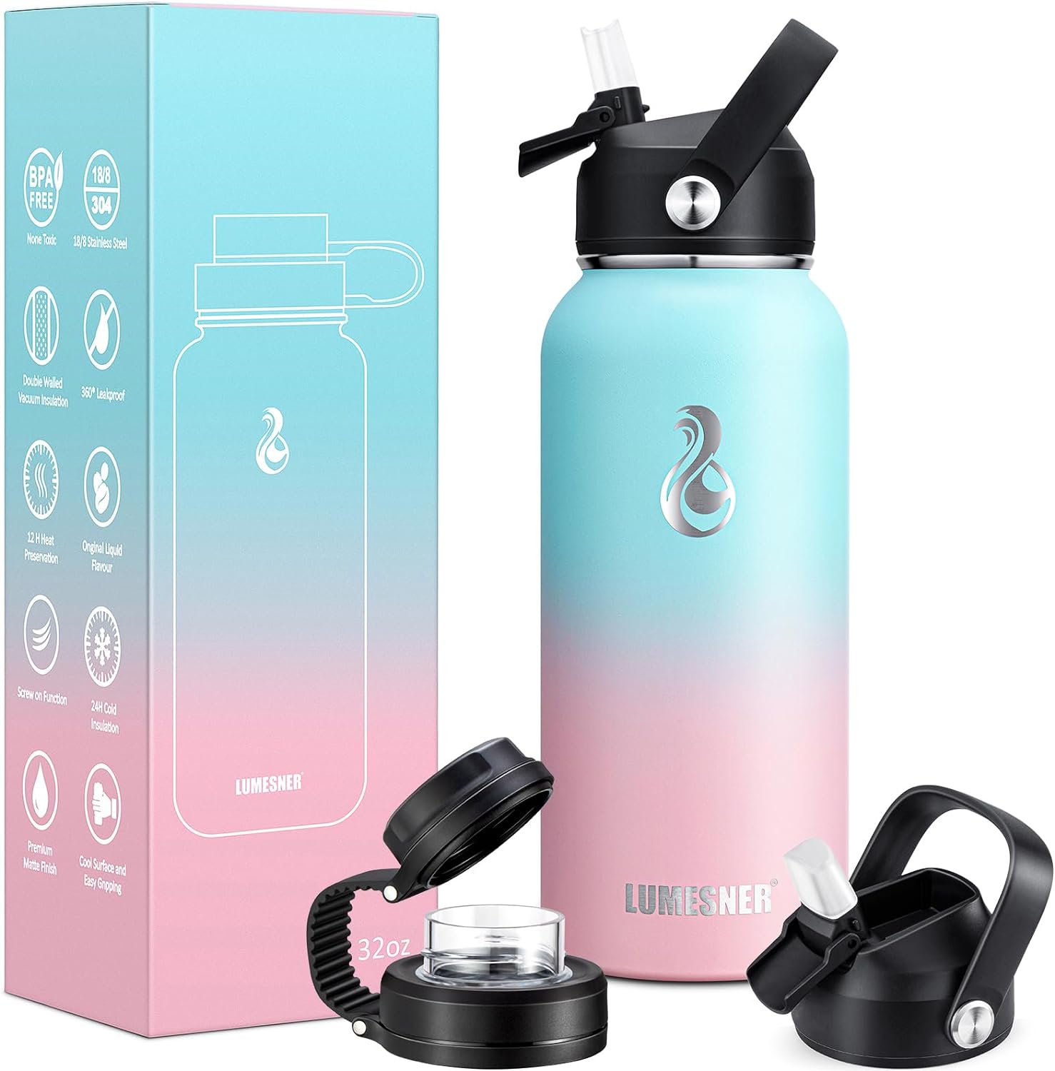 Lumesner Vacuum Insulated Stainless Steel Water Bottle,1200ml/950ml/650ml- 2 Lids (Straw Lid and Spout Lid), 2 Straws Water Bottle (32 oz, Bubble Gum)