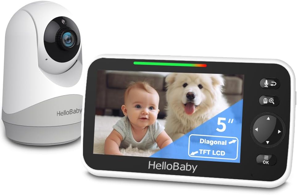 HelloBaby Monitor with Camera and Audio, 5'' Screen with 16-Hour Video Streaming, Remote Pan-Tilt-Zoom Camera, Two-Way Talk, VOX Mode, Auto-Night Vision, Range up to 960ft and No WiFi