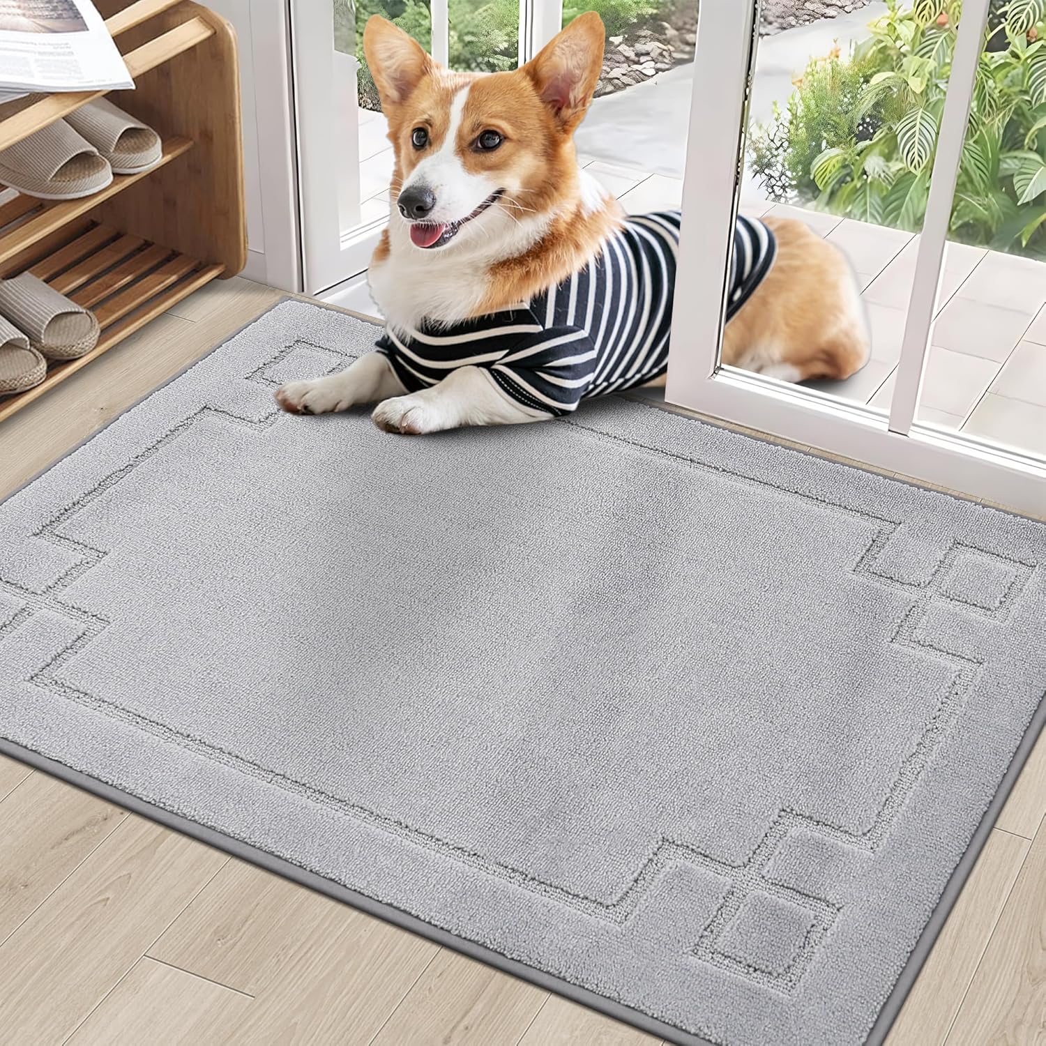 BEQHAUSE Door-Mat Dirt Trapper Welcome Mat Absorbent Low-Profile Entrance Mat Non-Slip Washable Front Dog Door Mat for Muddy Paws,Back Door,Entryway,Hallway,24x36,Light Grey