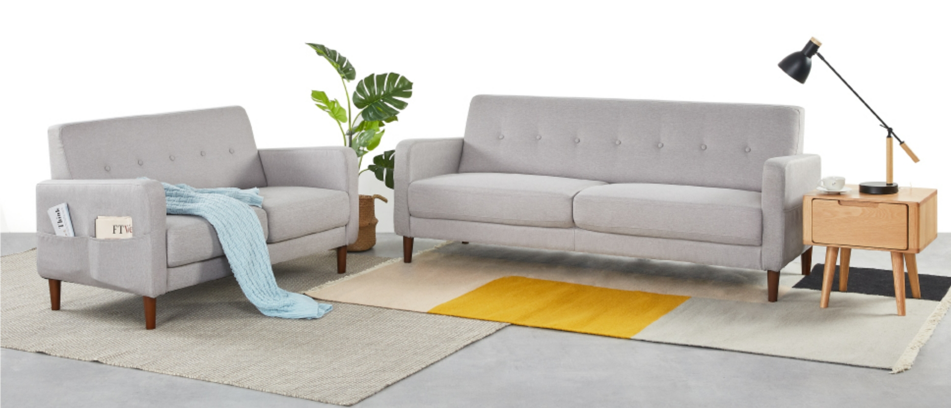 Mellow Adair Mid-Century Modern Loveseat/Sofa/Couch with Armrest Pockets, Tufted Linen Fabric, Light Grey