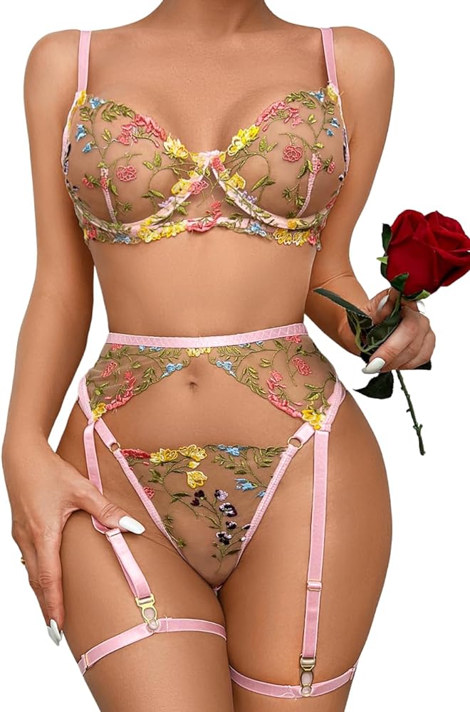 Kaei&amp;Shi Vibrant Floral Embroidery, Underwire, Thong, Thigh Straps, Lingerie Set