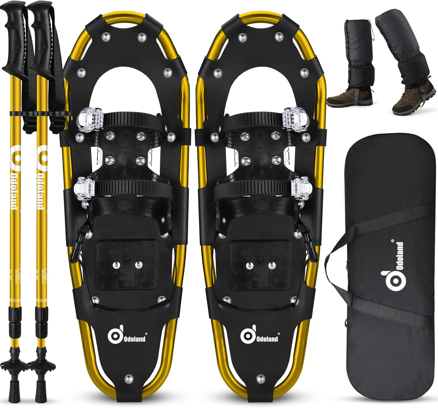 Odoland 4-in-1 Snowshoes for Men Women Youth Kids with Trekking Poles, Waterproof Snow Leg Gaiters and Carrying Tote Bag, Lightweight Snow Shoes Easy to Wear Aluminum Alloy, Size 21''/25''/30''