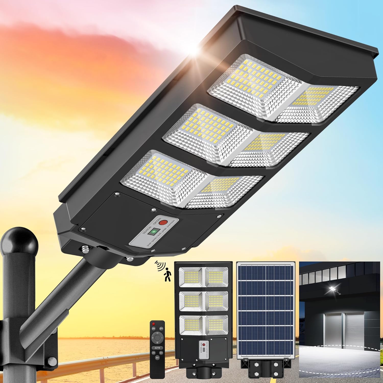 1000W Solar Street Lights Outdoor 6500K Solar Parking Lot Lights Commercial Dusk to Dawn, Solar Lights Outdoor Motion Sensor Waterproof IP66 Street Lights Solar Powered for Playground Yard