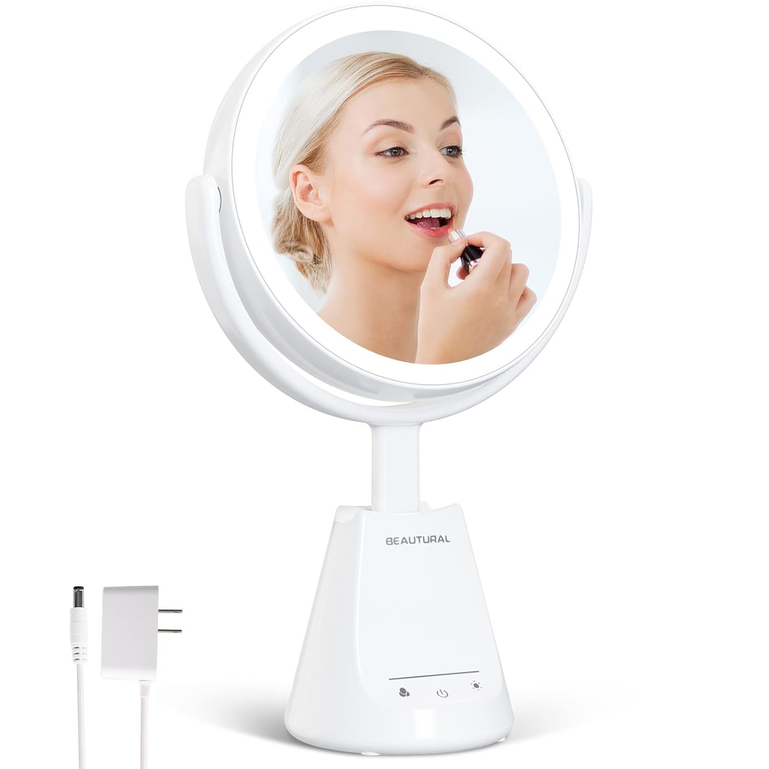 Lighted Makeup Vanity Mirror with 3 Colors, 6.5" Double Sided 1x/10x Magnifying Mirror with Lights, Adjustable Brightness&Standing Height, 360 Degree Rotation Touch Sensor,AC Adapter Powered