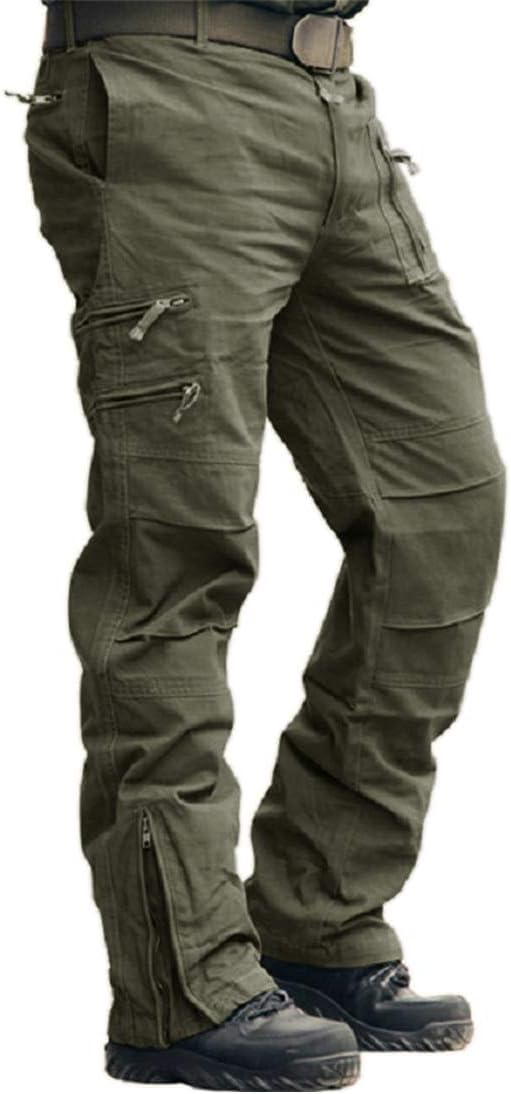 CRYSULLY Men's Cotton Multi-Pockets Work Pants Tactical Outdoor Military Army Cargo Pants (No Belt)