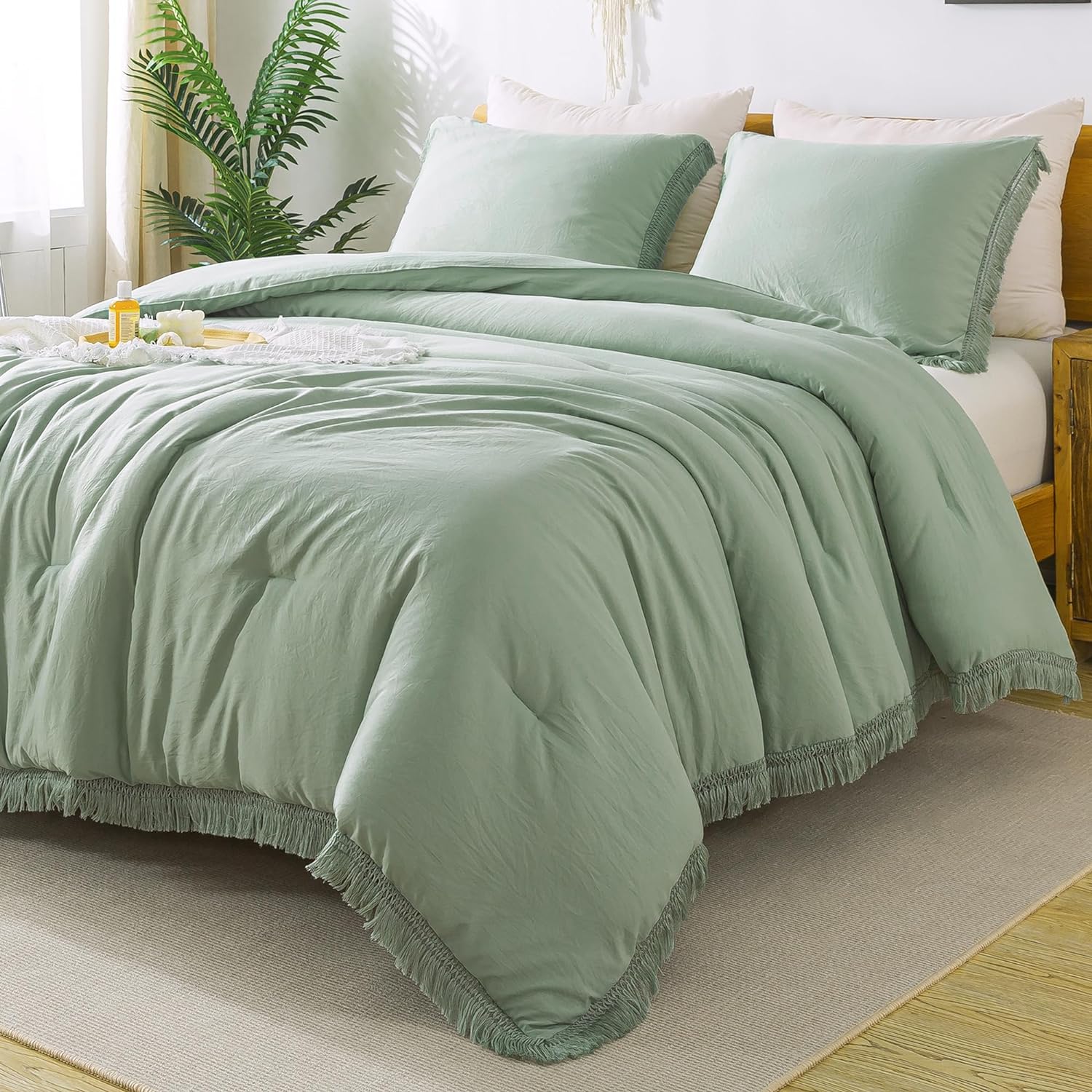 Andency Twin Comforter Set Sage Green, 2 Pieces Kids Comforter Sets for Boys Girls Teens, Boho Tassel Lightweight Winter Fluffy Bed Set (66x90In Comforter & 1 Pillowcase)