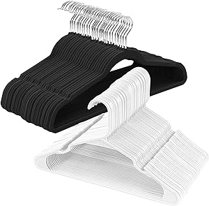 Utopia Home Value Pack of Black Velvet and White Plastic Hangers- Ultra Thin Strong Hangers with Notches- No More Slippage- Space Saving - Pack of 100