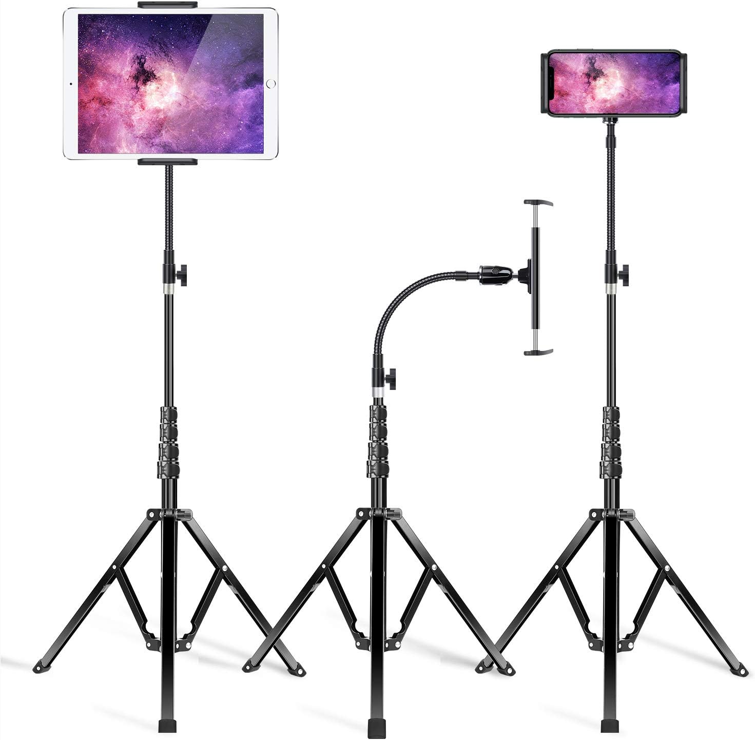 elitehood Metal iPad Tripod Stand & Adjustable 72 Gooseneck Tablet Floor Stand Holder, Heavy Duty Aluminum iPad Floor Stand for iPad Pro 12.9 11, Mini, Air, iPhone and 4.7-12.9" Tablets Cell Phones