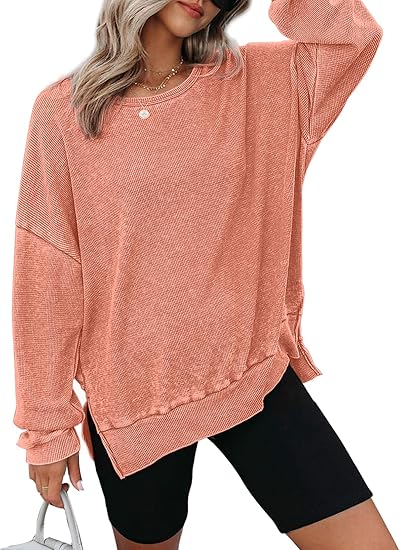 Dokotoo Womens Oversized Waffle Knit Crewneck Sweatshirts Long Sleeve Side Slits Casual Pullover Sweatshirt Tops