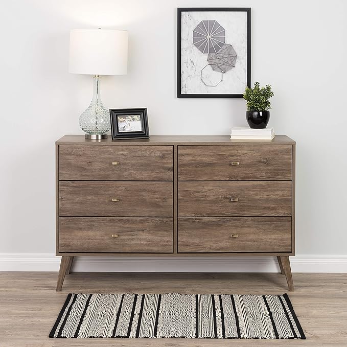 Prepac Milo Mid-Century 6 Drawer Dresser For Bedroom, 16" D x 52.25" W x 33" H, Drifted Gray