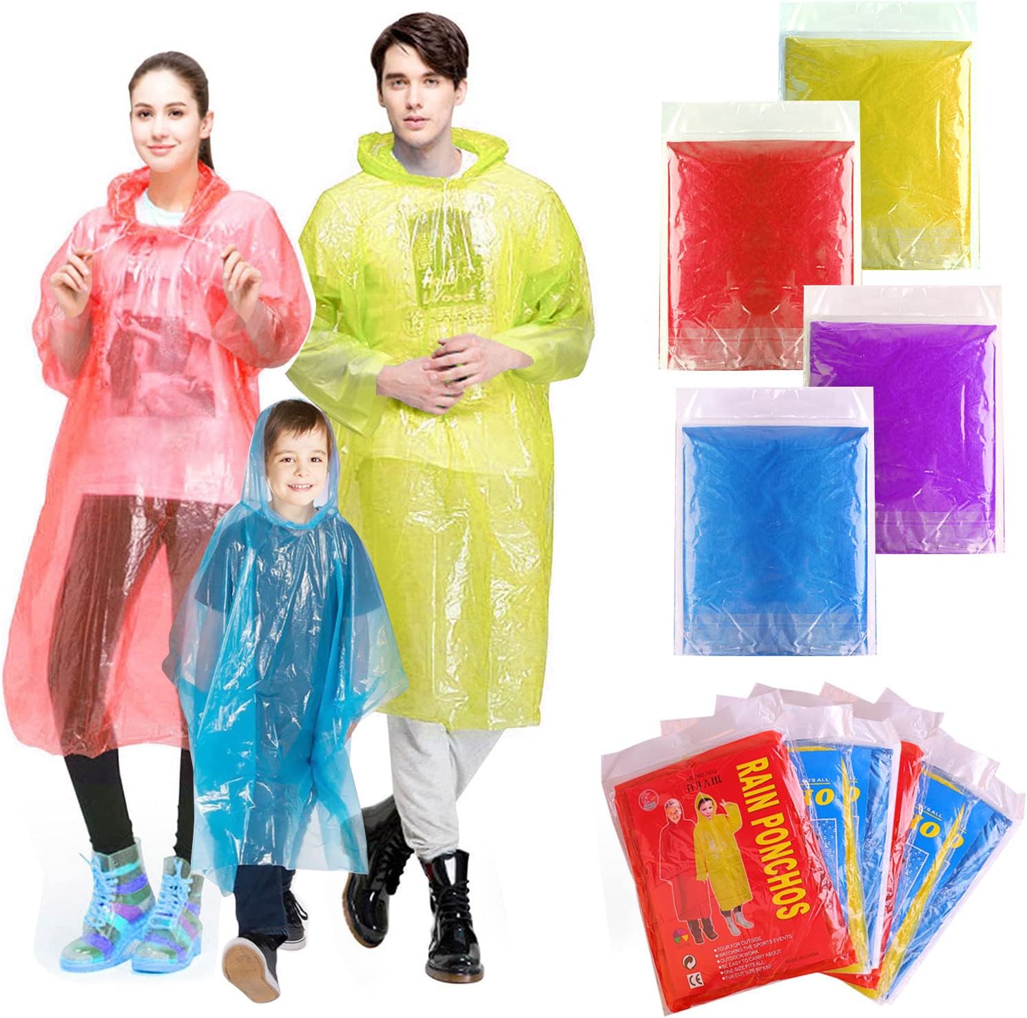 GINMIC Disposable Emergency Rain Ponchos for Kids and Adults, Family Pack with 12pack, 4color