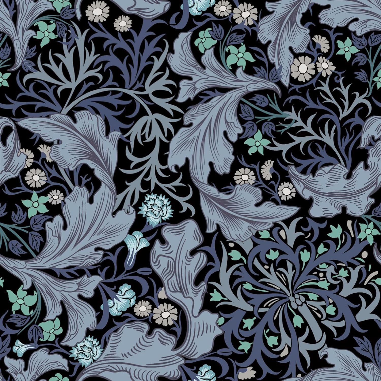 Abyssaly William Morris Wallpaper Boho, Blue/Green/Black Vintage Peel and Stick for Bedroom, Floral Removable Wallpaper for Walls and Cabinet 17.7 in X 393.7 in