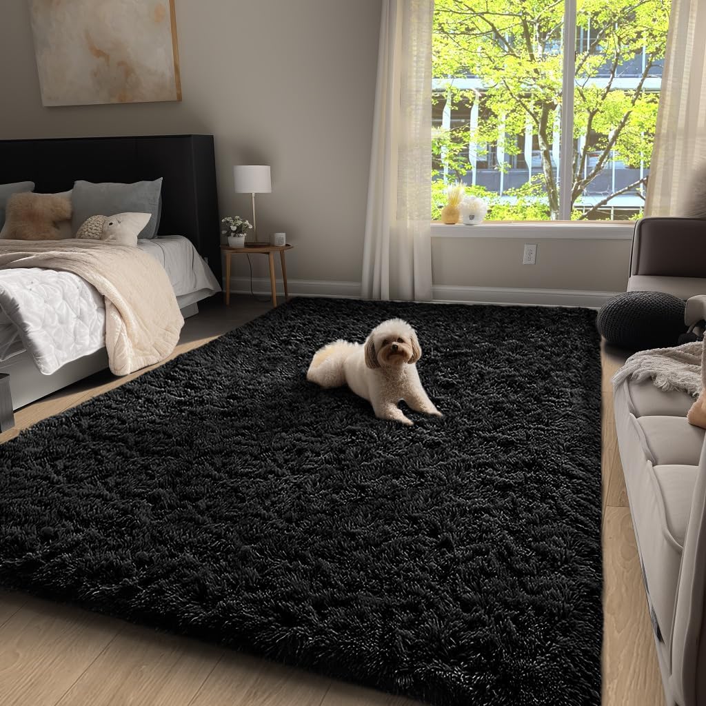 Ophanie Machine Washable Upgrade 4x6 Rugs for Bedroom, Black, Fluffy Shaggy Soft Area Rug, Non-Slip Indoor Floor Carpet for Living Room, Kids Boys Teen Dorm Home Decor Aesthetic, Nursery