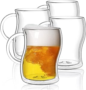 BTaT- Double Walled Glass Beer Mugs, 4 Pack, 16 oz(500 ml), Beer Mugs, Beer Mugs for Freezer, Beer Stein Mugs, Beer Glasses, Beer Mug Glass, Glass Beer Mug, Beer Mugs with Handles