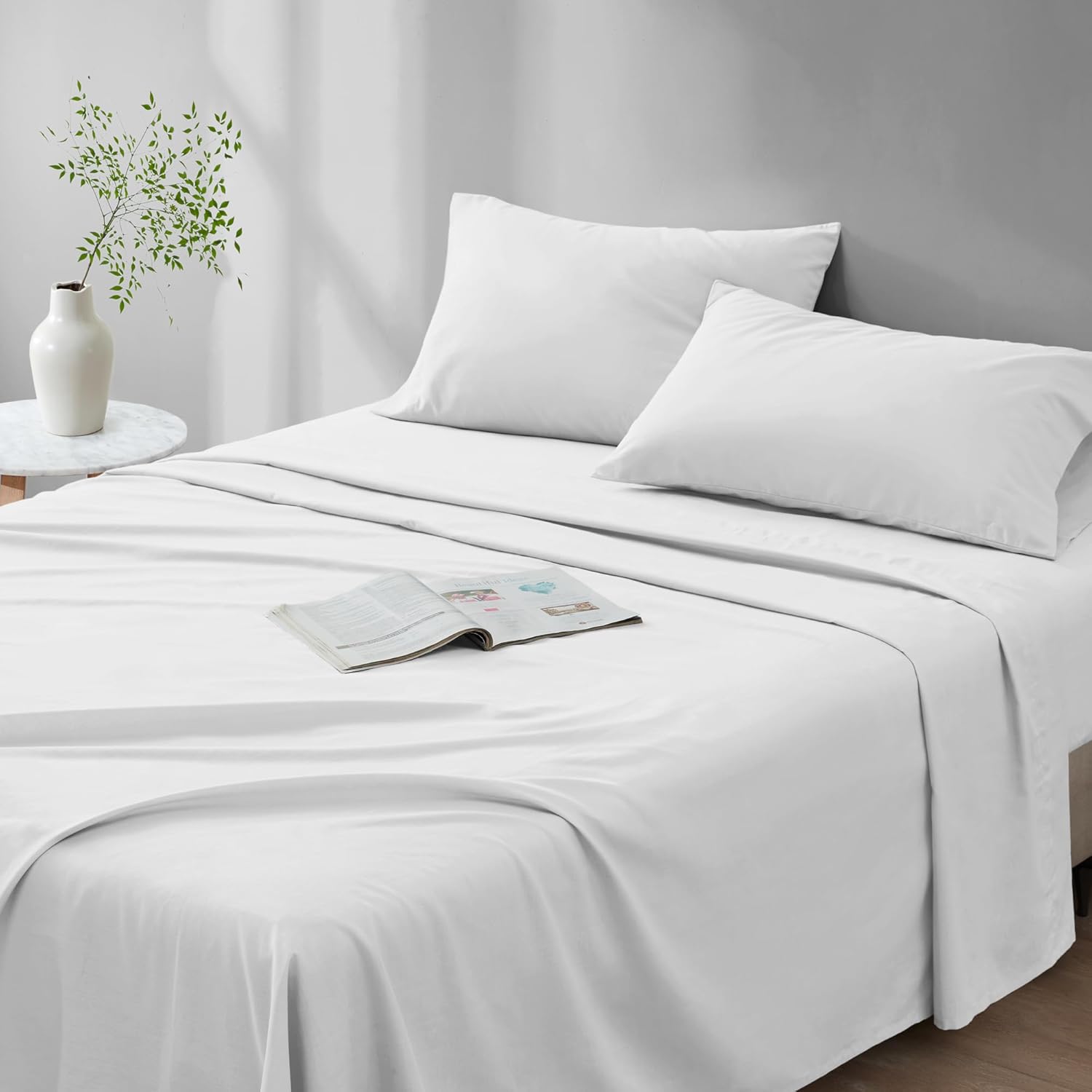 Comfort Spaces 100% Cotton Sheet Set Breathable, Lightweight, Soft with 12 Elastic Pocket Fits up to 14 Mattress, All Season Cozy Bedding, Matching Pillow Case, Twin XL White 3 Piece