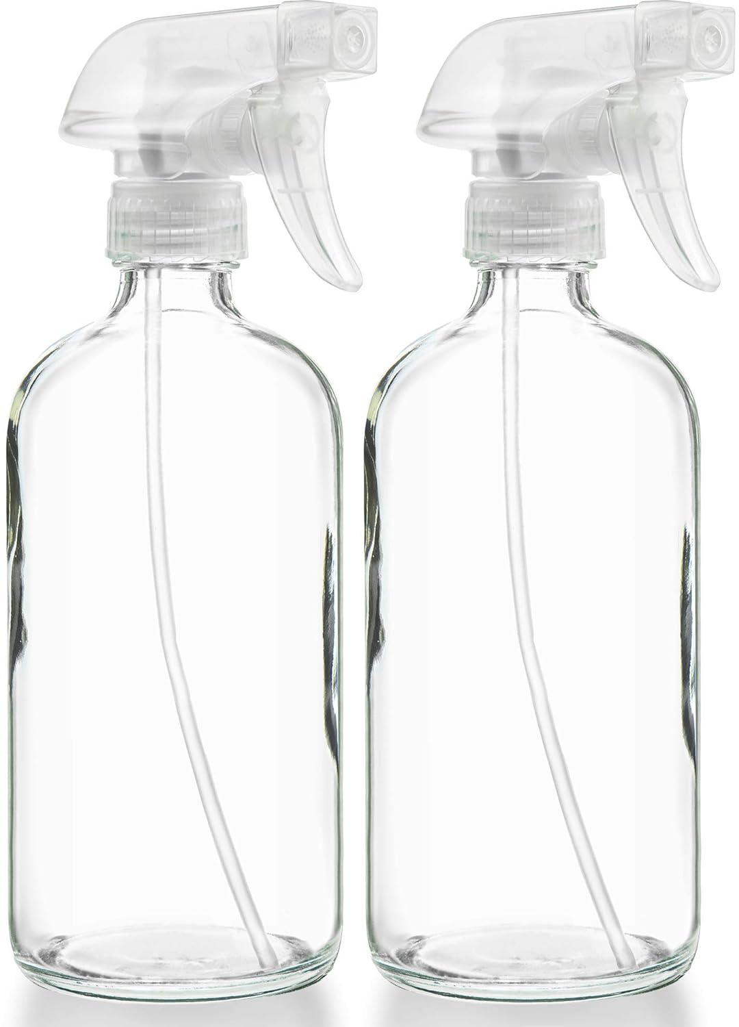 Sally' Organics Empty Clear Glass Spray Bottles - Refillable 16 oz Containers for Essential Oils, Cleaning Products, Aromatherapy, Misting Plants, or Cooking - Sprayer with Mist and Stream - 2 Pack