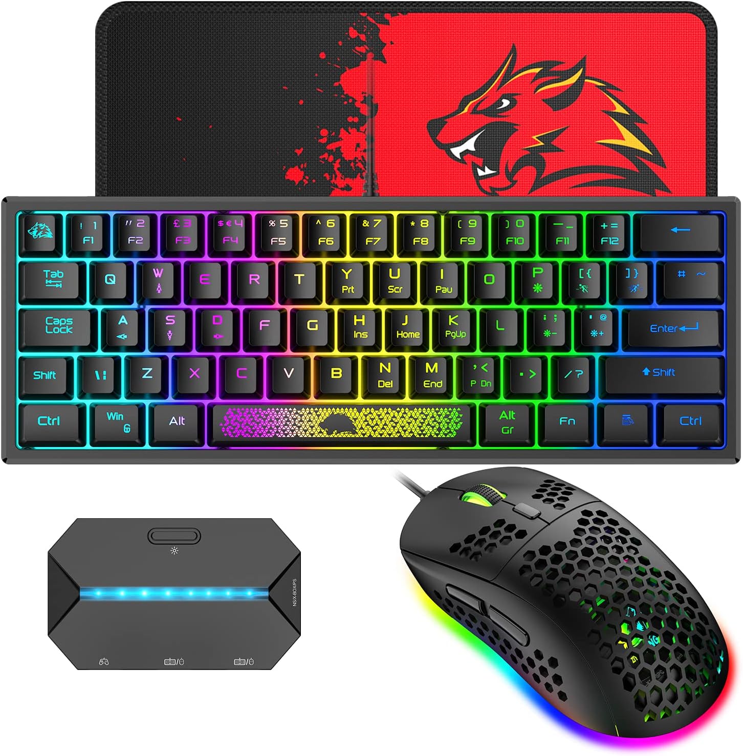 60% Wired Gaming Keyboard and Mouse Combo,Compact RGB Backlit Mini Mechanical Feel Keyboard,ps4 Converter Adapter,RGB 6400 DPI Lightweight Gaming Honeycomb Shell Mouse for PS4,Xbox,PC,Laptop,MAC