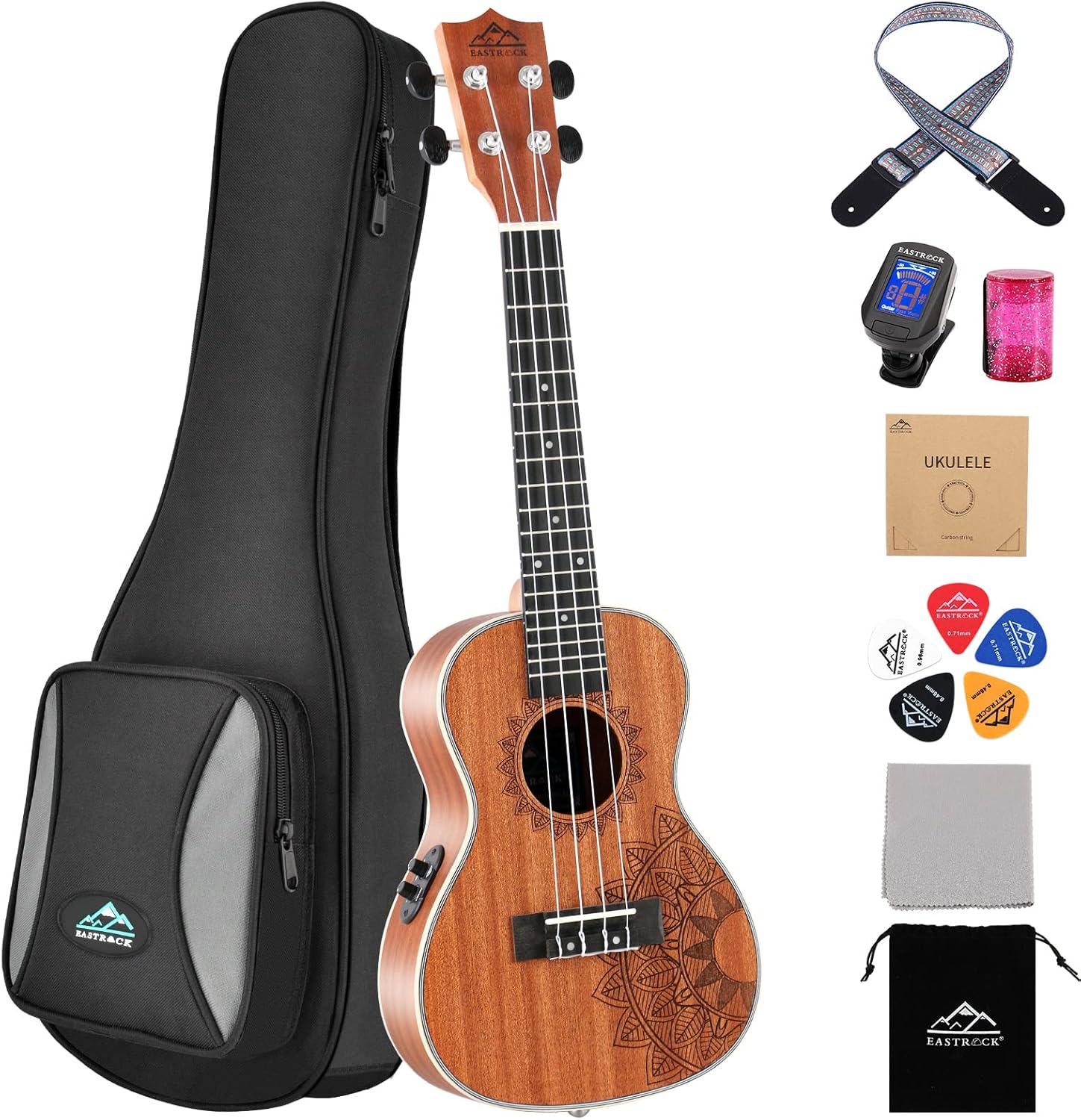 EASTROCK Concert Ukelele Sapele Beginner Electric Built-in Equalizer Ukulele 23 inch Big Package Kit. Ukulele Ukalalee Suitable for adults, Beginners. (23-Sapele-EQ)