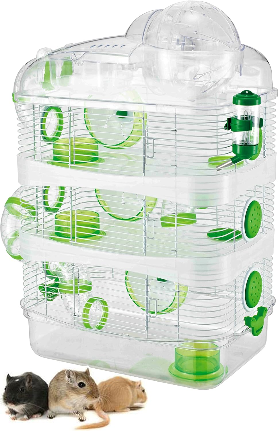 Acrylic Clear Expansible and Customizable 4-Levels Hamster Mice Mouse Home Cage with Large Top Exercise Ball Water Bottle Food Bowls 5-Inch Running Wheels Deep Base