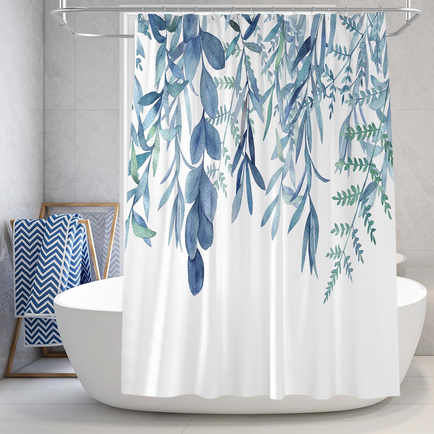 Gibelle Extra Long Shower Curtain 72 x 84, Blue Tall Shower Curtain, Spring Eucalyptus Plant Leaves Fabric Shower Curtain, Watercolor Floral Botanical Nature Aesthetic Shower Curtain