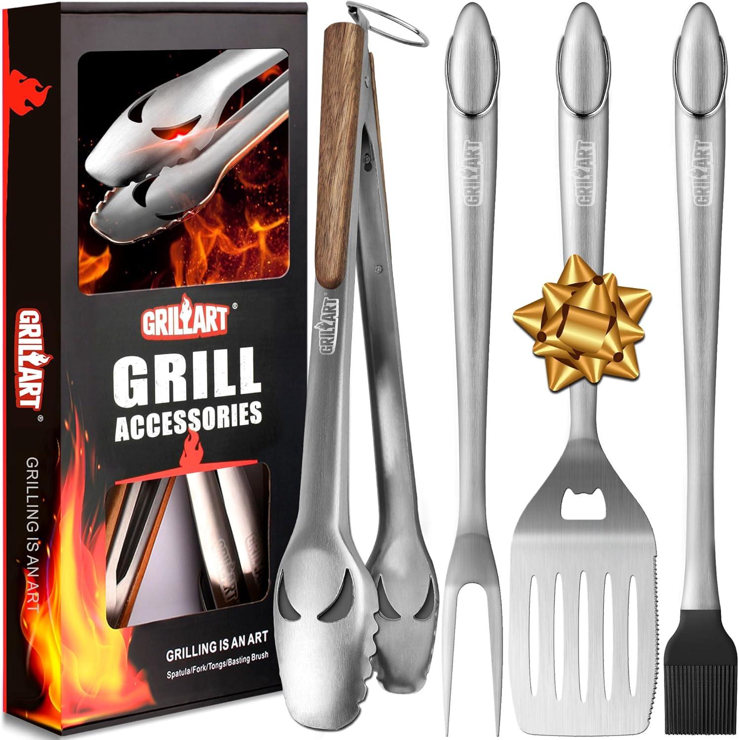 GRILLART BBQ Tools Grill Tools Set -18Inch Grilling Tools BBQ Set - Grill Accessories w/BBQ Tongs, Spatula, Fork, Brush- Stainless Grill Kit Grilling Set - Gift Ideas BBQ Accessories Gifts for Men Dad