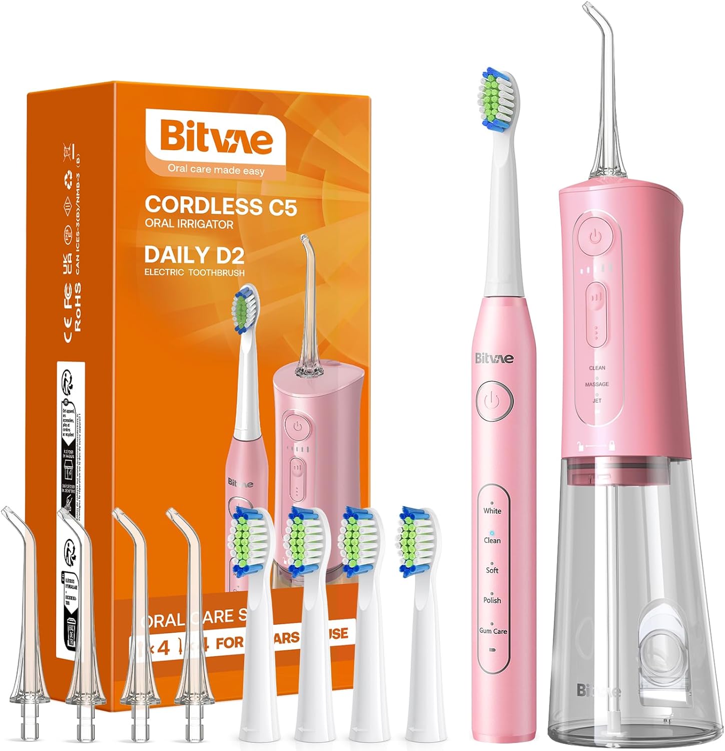 Bitvae Electric Toothbrush with Water Flosser, Portable Water Flosser for Teeth, Water Flosser Teeth Picks, 5 Modes Electric Toothbrush for Adult,Upgraded Water Dental flosser Picks, Quartz Pink