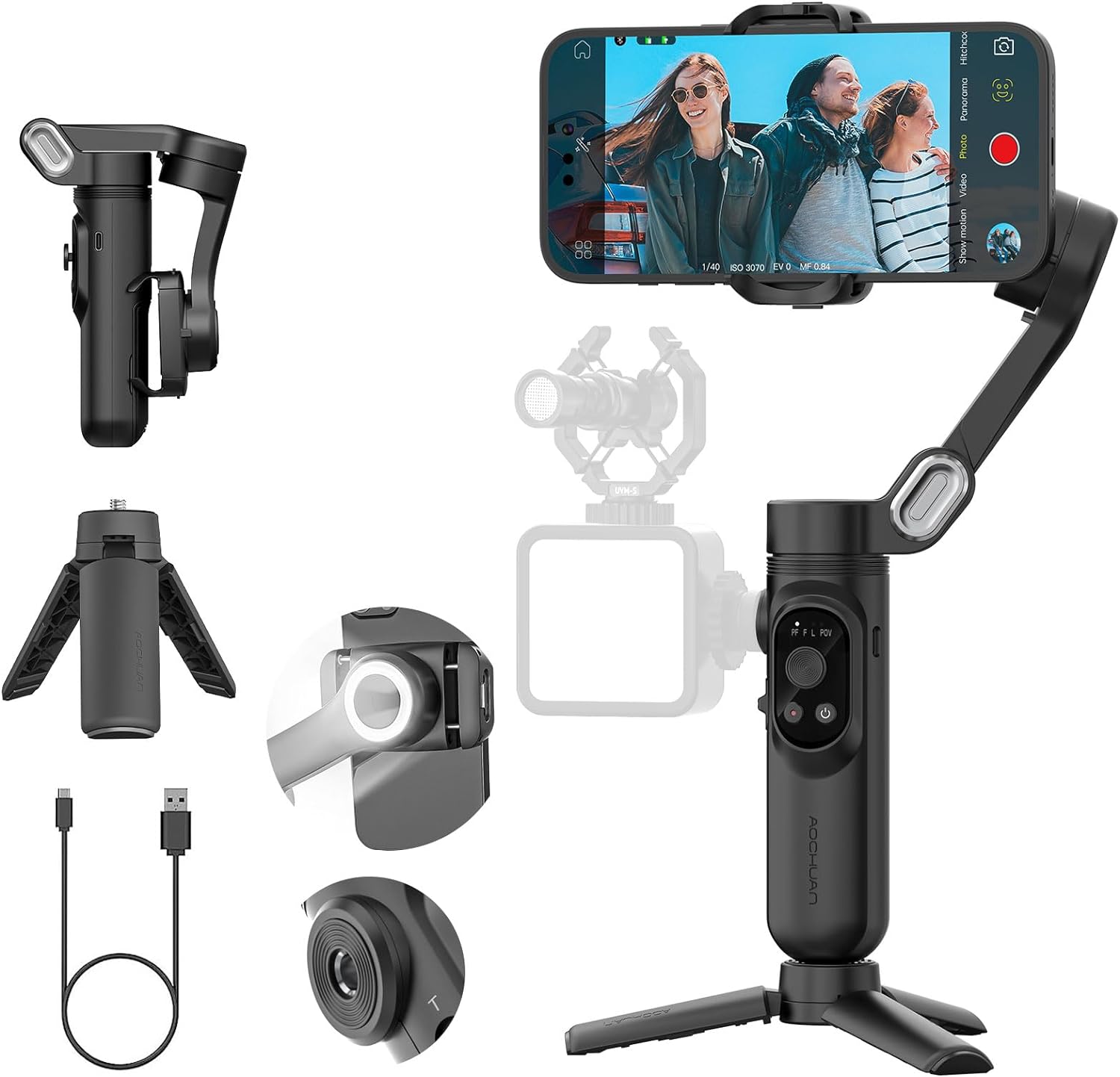 3-Axis Gimbal Stabilizer for iPhone 15/14/13 Pro Max Android,Foldable Smartphone Gimbal w/Built-in Fill Light,1/4 Thread,Professional Anti-Shake Video Record for TikTok YouTube(Smart X Black)