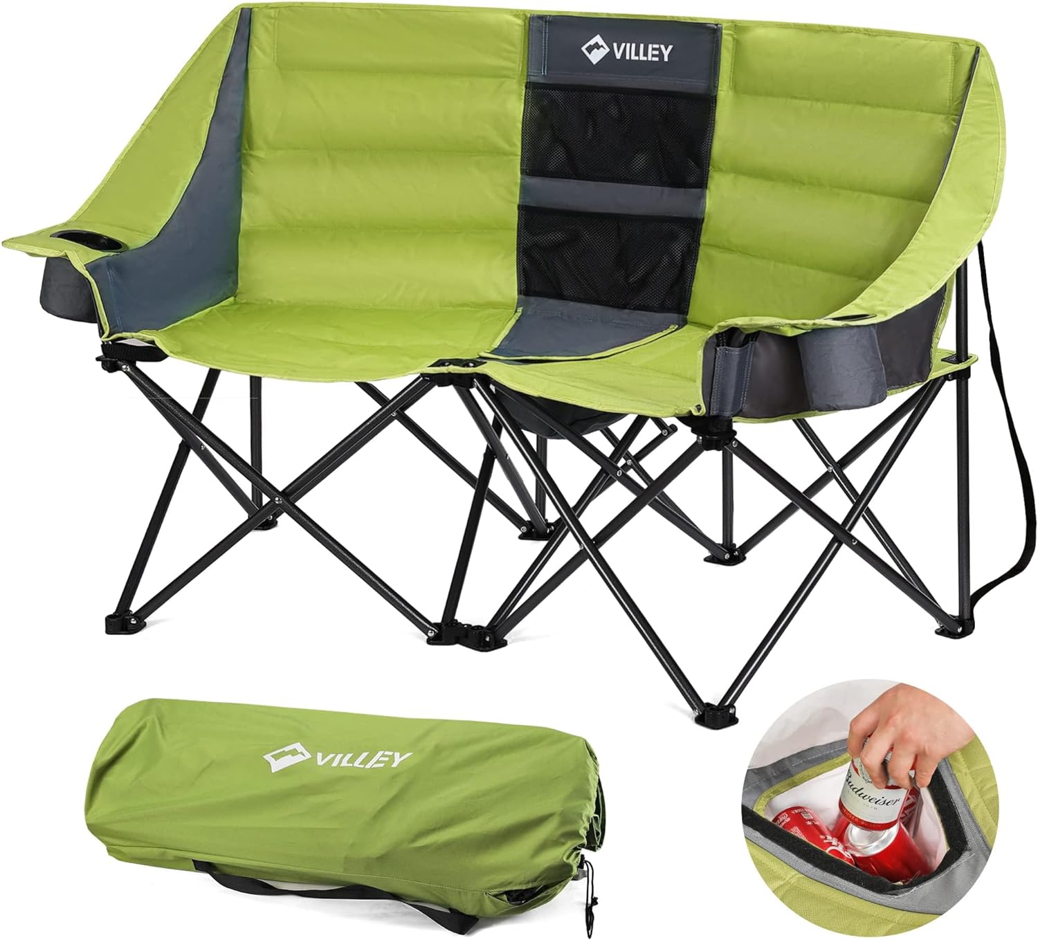 VILLEY Double Camping Chair w/Cooler Bag, Extra Wide Loveseat, Heavy Duty Padded Camping Couch, Portable Folding Chair w/Carry Bag Steel Frame Cup Holders for Camp Lawn Picnic Sports, Support 600LBS