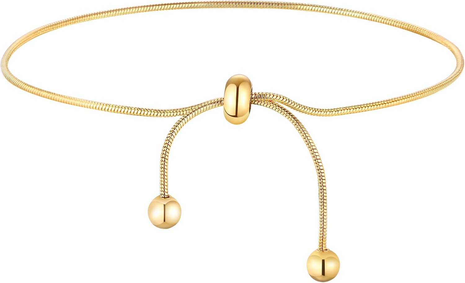 18K Gold Plated Stainless Steel Round Delicate Snake Chain Lariat Thin Dainty Bracelet Slider Adjustable Bracelet