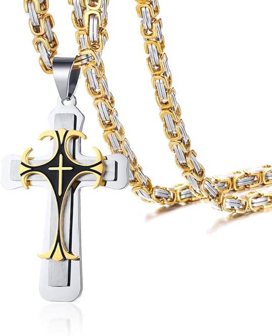 MEALGUET Stainless Steel Crucifix Cross Pendant Necklace,Men' Cross Necklace with Chunky Byzantine Chain/Rolo Chain, Gift for men