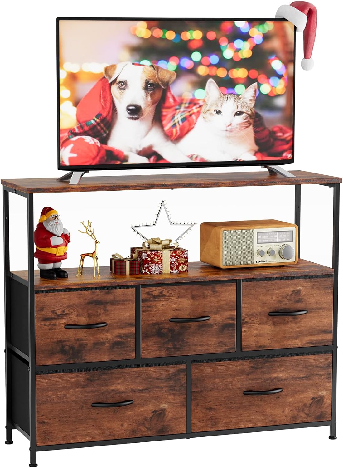 Sweetcrispy TV Stand for Bedroom, TV Dresser for 45 inches, Media Console Table, Entertainment Center with 5 Fabric Drawers Cabinet and Open Storage Shelf Furniture Cabinet for Living Room, Hallway