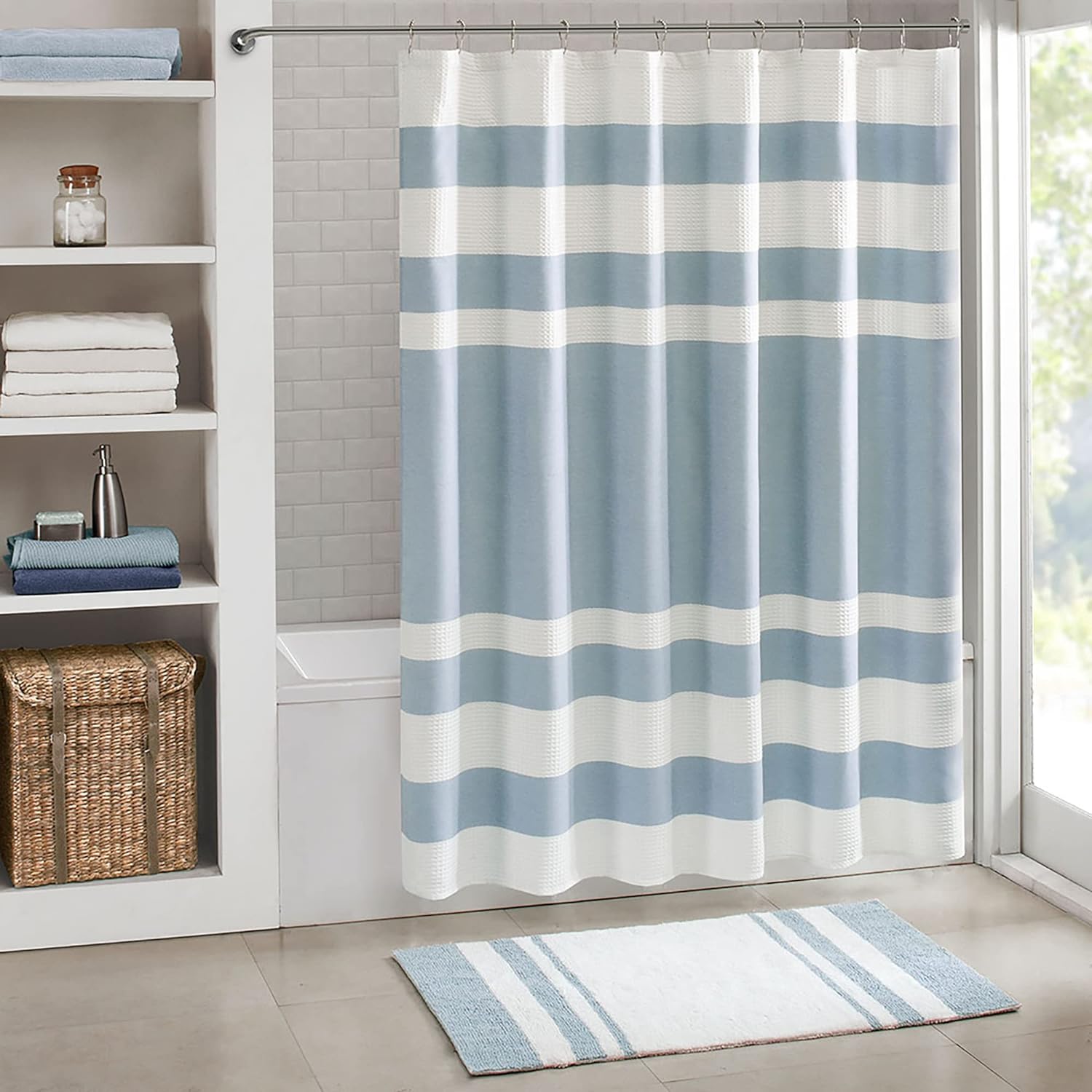 Madison Park Shower Curtain, Waffle Weave, Pieced Design Fabric Shower Curtain with 3M Scotchgard Moisture Management, Premium Spa Quality Modern Shower Curtains for Bathroom, Standard 72"x72" Blue