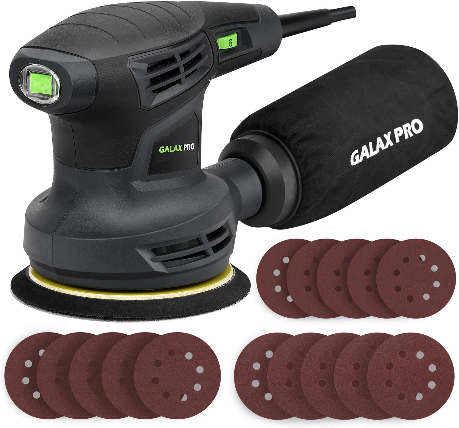 GALAX PRO 280W 13000OPM Max 6 Variable Speeds Orbital Sander with 15Pcs Sanding Discs, 5 electric Sander with Dust Collector for Sanding and Polishing