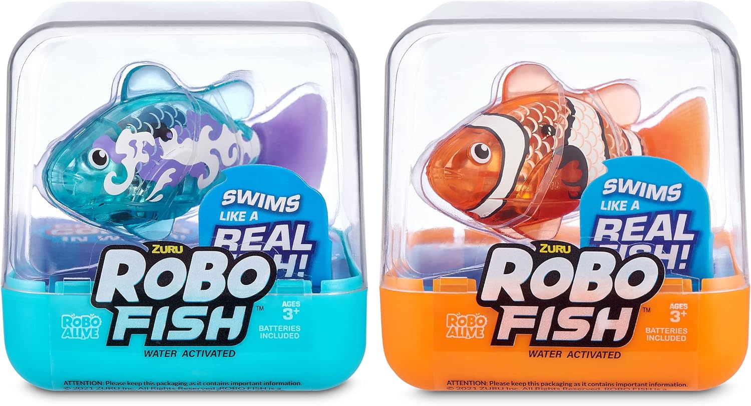 Robo Alive Robo Fish Series 2 (Teal   Orange 2 Pack) by ZURU Robotic Swimming Fish Water Activated, Changes Color, Comes with Batteries, Amazon Exclusive - Teal   Orange (2 Pack), 7165E