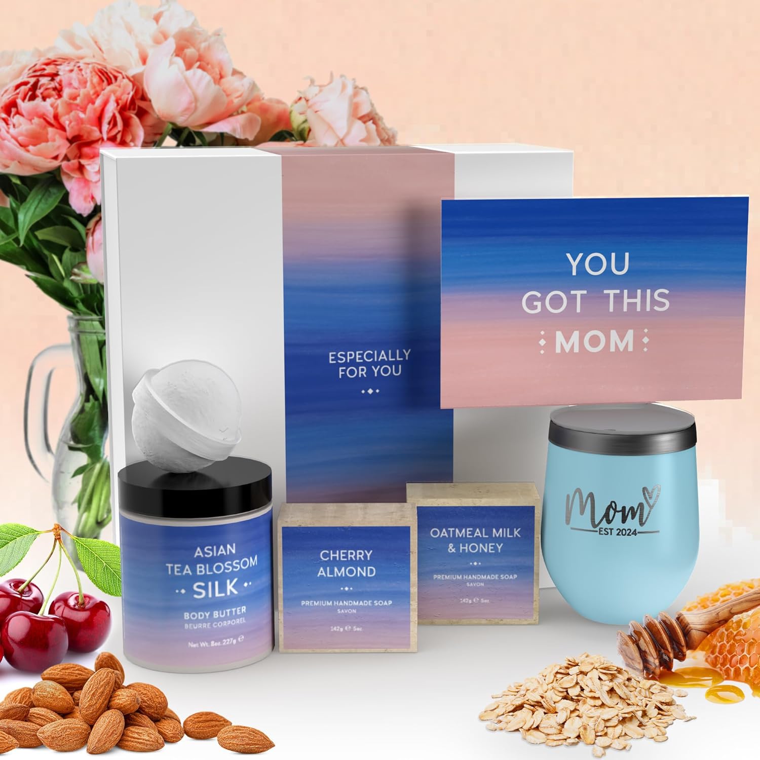 Sodilly New Mom Gifts for Women - Mom Est 2024 Spa Gifts Box for Women with 12 oz Seaside Tumbler - Mothers Day Gifts Self Care Kit Relaxing Gifts for New Mom after Birth, Pregnancy Gifts