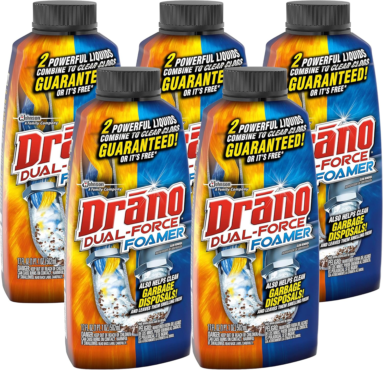 Drano Dual-Force Foamer Clog Remover and Cleaner for Shower or Sink Drains, Unclogs and Removes Sources of Odor, 17 Fl Oz (Pack of 5)