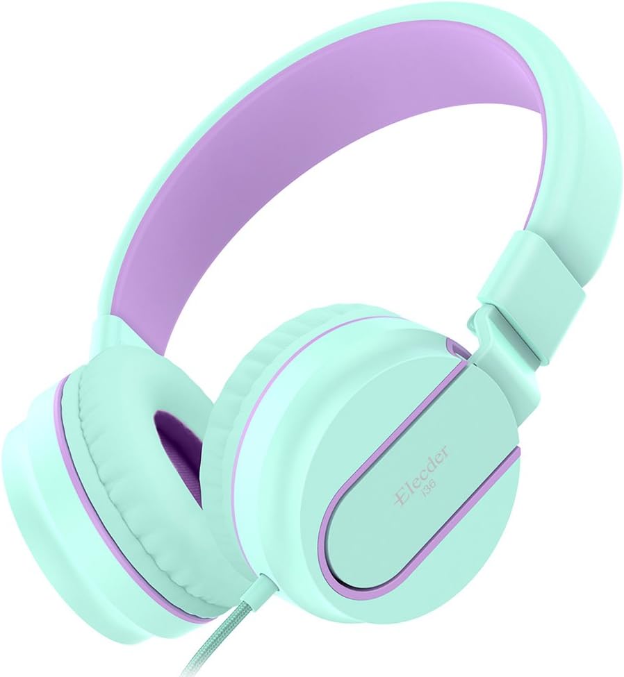 ELECDER i36 Kids Headphones Children Girls Boys Teens Foldable Adjustable On Ear Headphones 3.5mm Jack Compatible Cellphones Computer Kindle MP3/4 School Tablet Green/Purple