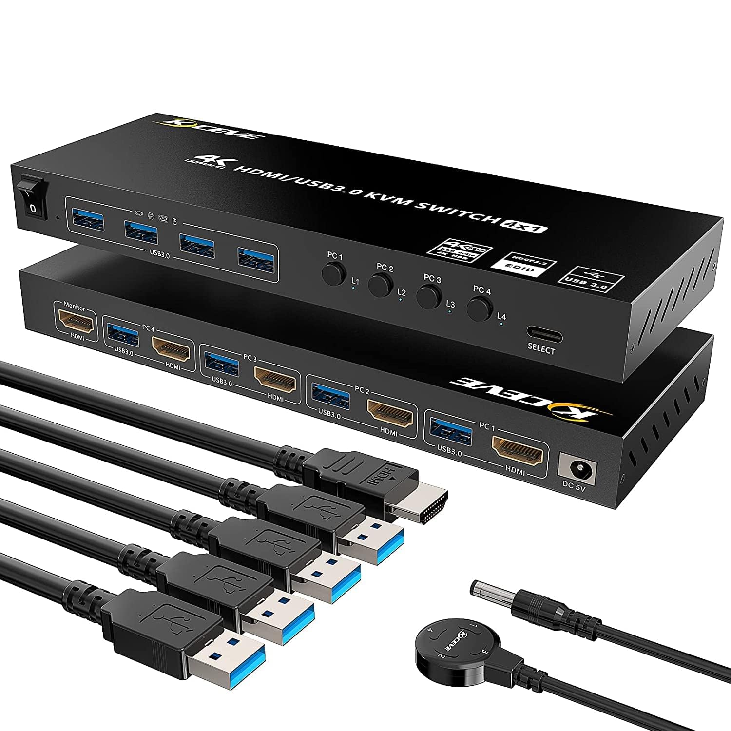 KVM HDMI Switch 4 Ports, USB 3.0 KVM Selector Box with EDID Emulator Support 4K@60Hz Resolution for 4 Computers Share Mouse Keyboard and Monitor