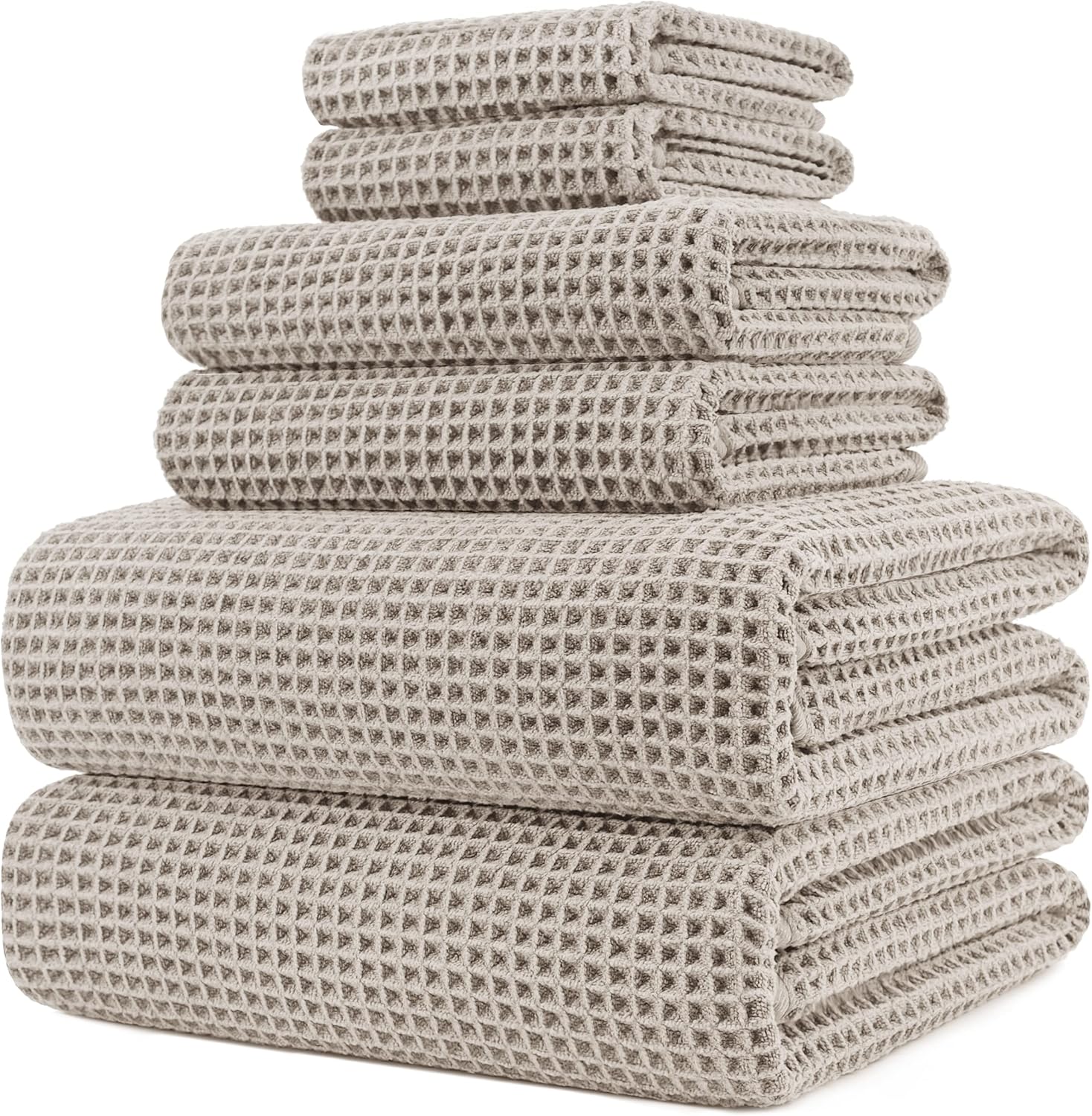 POLYTE Oversize, 60 x 30 in., Quick Dry Lint Free Microfiber Bath Towel Set, 6 Piece (Beige, Waffle Weave)