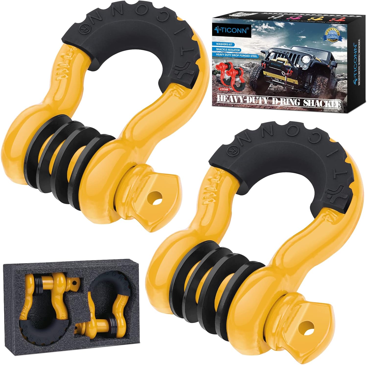 TICONN 2 Pack D Ring Shackle with 7/8 Screw Pin 57,000Ibs Break Strength, 3/4 Heavy Duty Shackles with Isolator & Washers for Tow Strap Winch Off Road Vehicle Recovery (Yellow/Black)